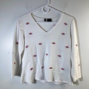 Womens‎ Etoile V Neck Sweater Hearts Beads 3/4 Sleeve White Red Pink L Soft